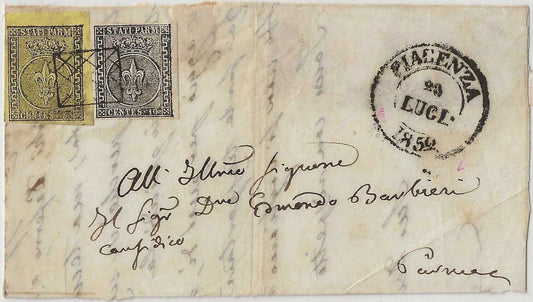 1852 Antichi Stati (Parma) - Frontespizio 5 c. angolo di foglio + 10 c. griglia