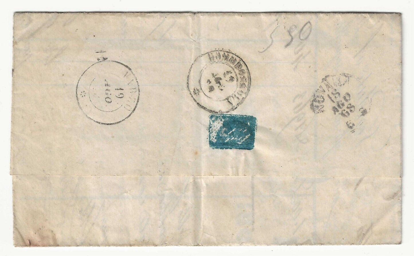 Regno - 20 c. celeste chiaro De la Rue 1867 isolato su piego per Varzo 18 AGO 68