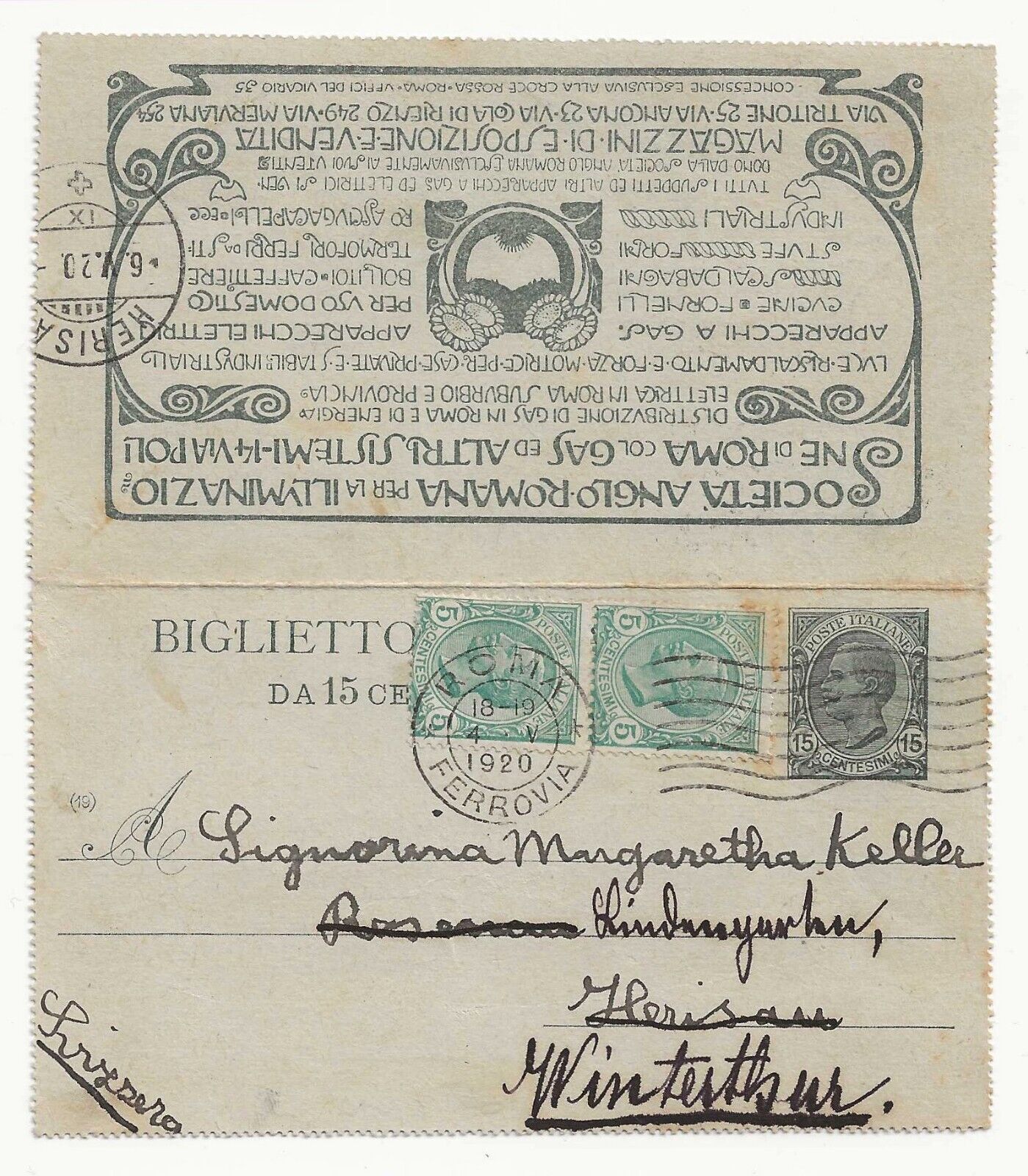 Regno - Biglietto 15 c. Soc. anglo americana con coppia 5 c. Leoni RB 2/8