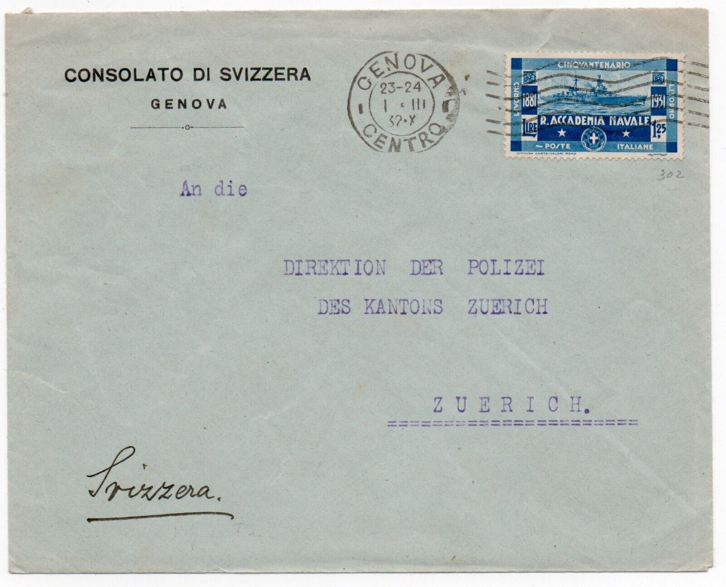 Kingdom - 1.25 L. Royal Naval Academy of Livorno isolated on envelope for Switzerland