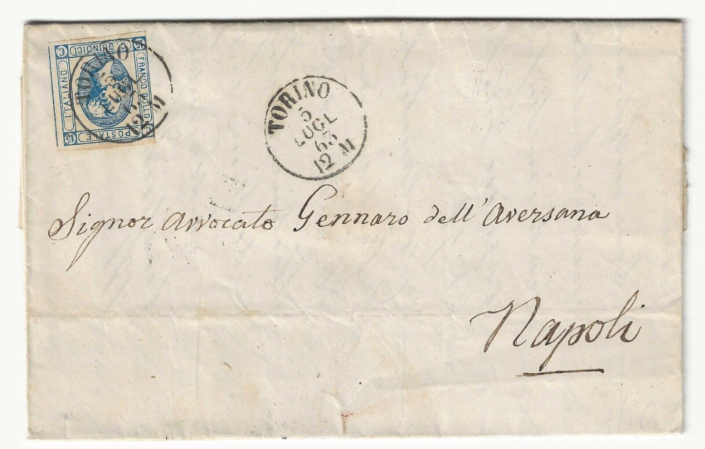 Regno - 15 cent. 1863 (II tipo) su piego per Napoli con annullo Torino 5 LUGL 63