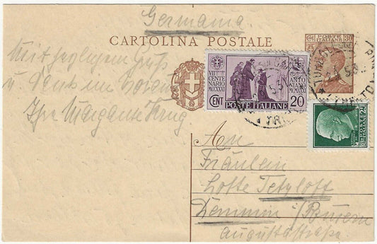 1929 Regno d'Italia - Cartolina Postale nuovo stemma 30 c. per la Germania