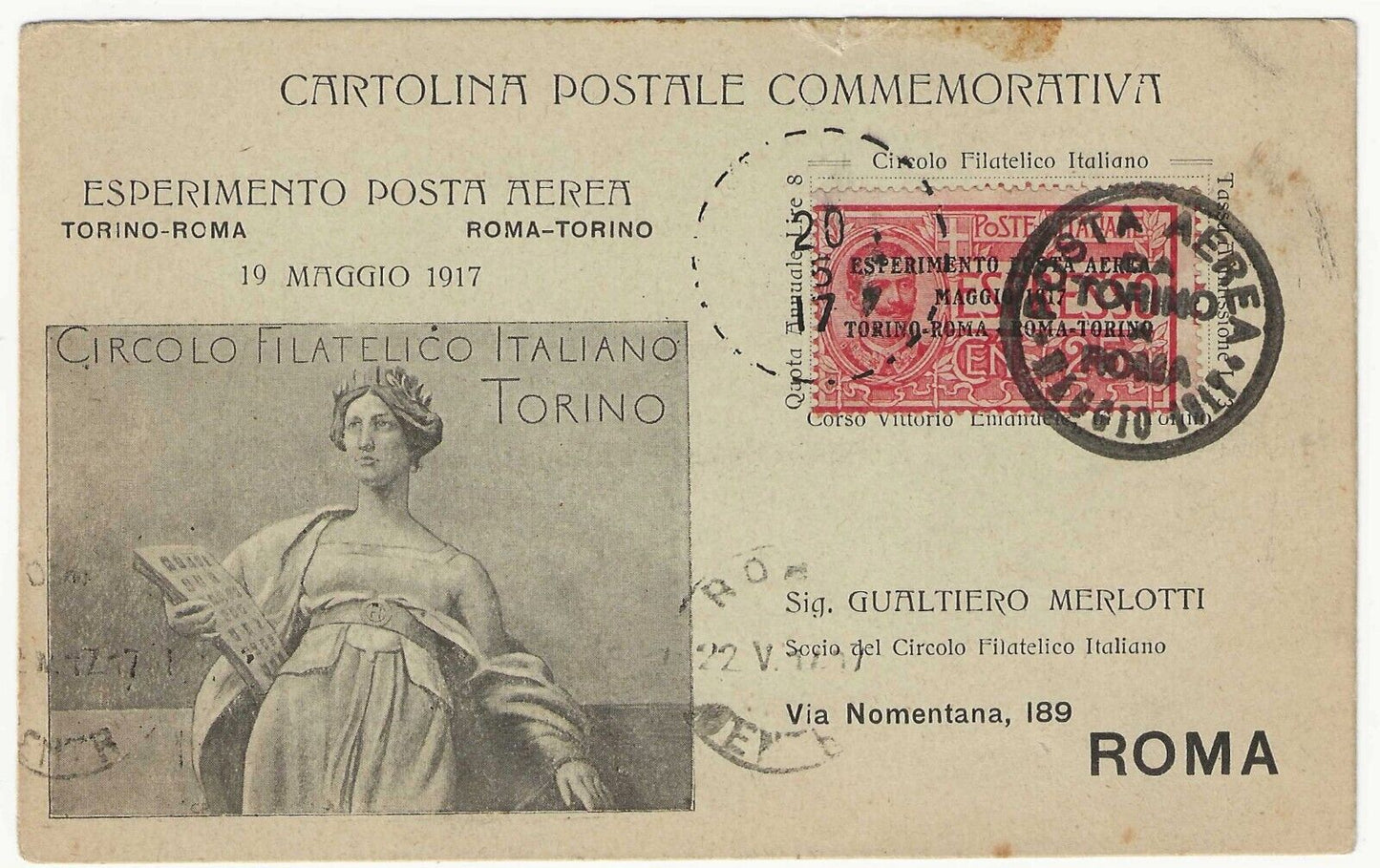 Regno d'Italia - PA Torino-Roma 25 c. 1917 su cartolina ufficiale per Roma