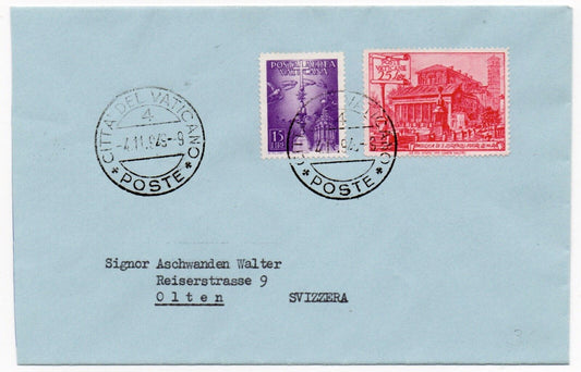 Vaticano - Busta per la Svizzera con 25 L. Basiliche 1949 e 15 L. Posta aerea 47