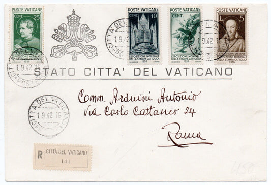 Vaticano - Valori Esposizione Stampa Cattolica 1936 su raccomandata per Roma