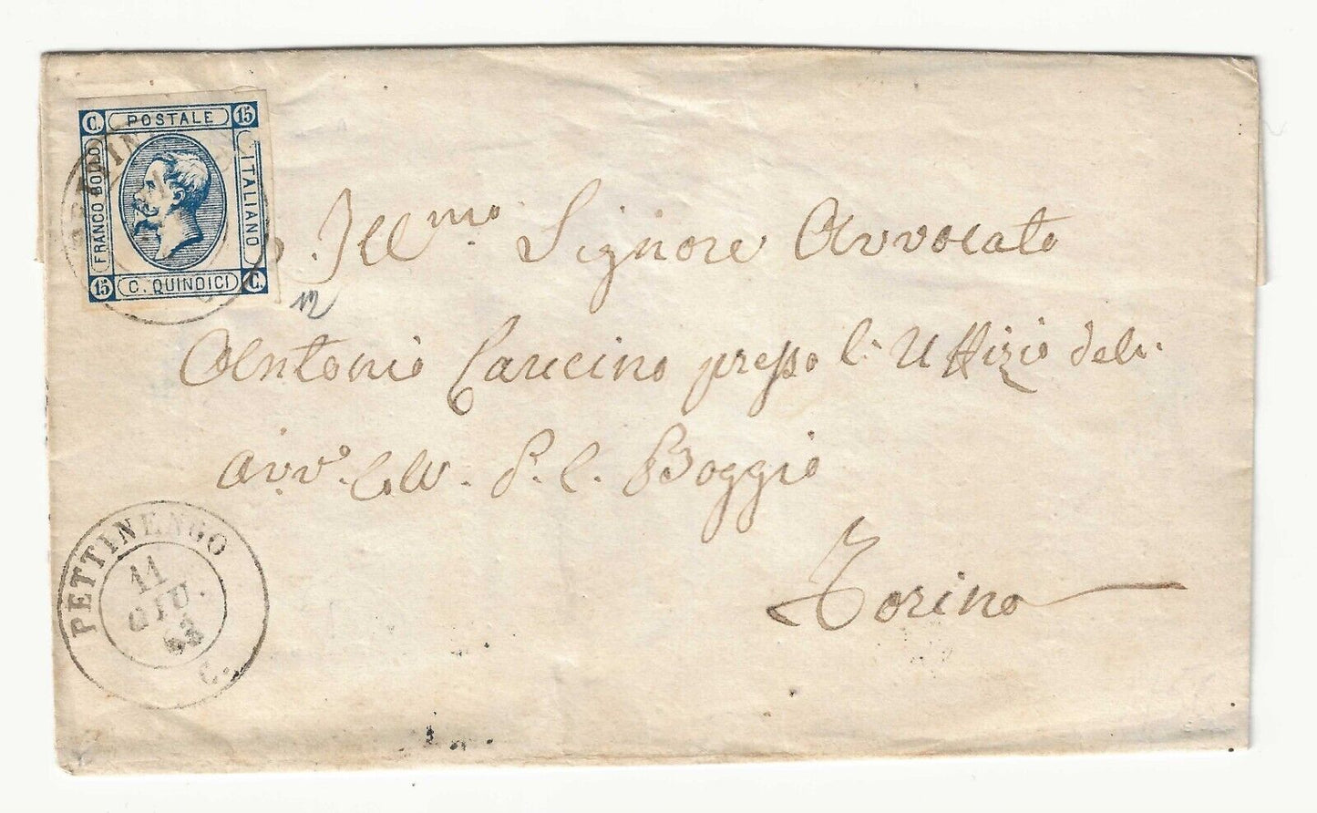 Regno - 15 cent. 1863 (I tipo) su piego per Torino con annullo Pettinengo