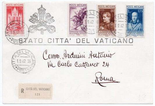 Vaticano - Valori Esp. Stampa Cattolica 1936 su raccomandata per Roma 1.9.42