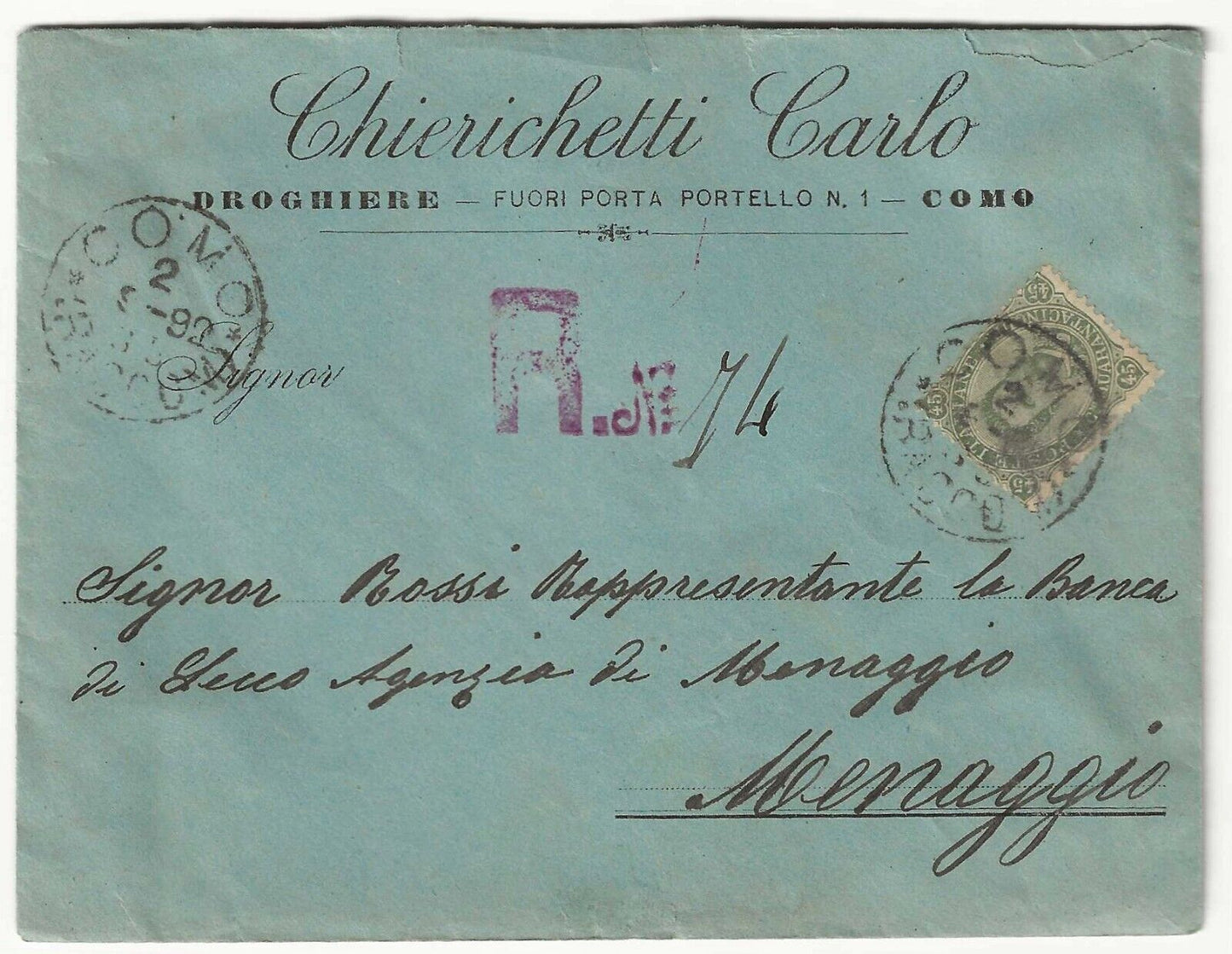 Regno d'Italia - Busta con 45 c. oliva Umberto I 1889 isolato per Menaggio usata