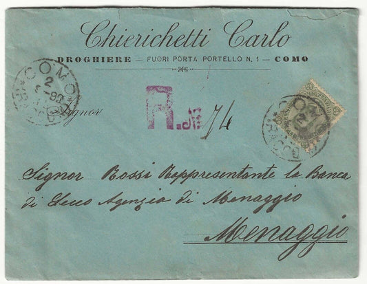 Regno d'Italia - Busta con 45 c. oliva Umberto I 1889 isolato per Menaggio usata