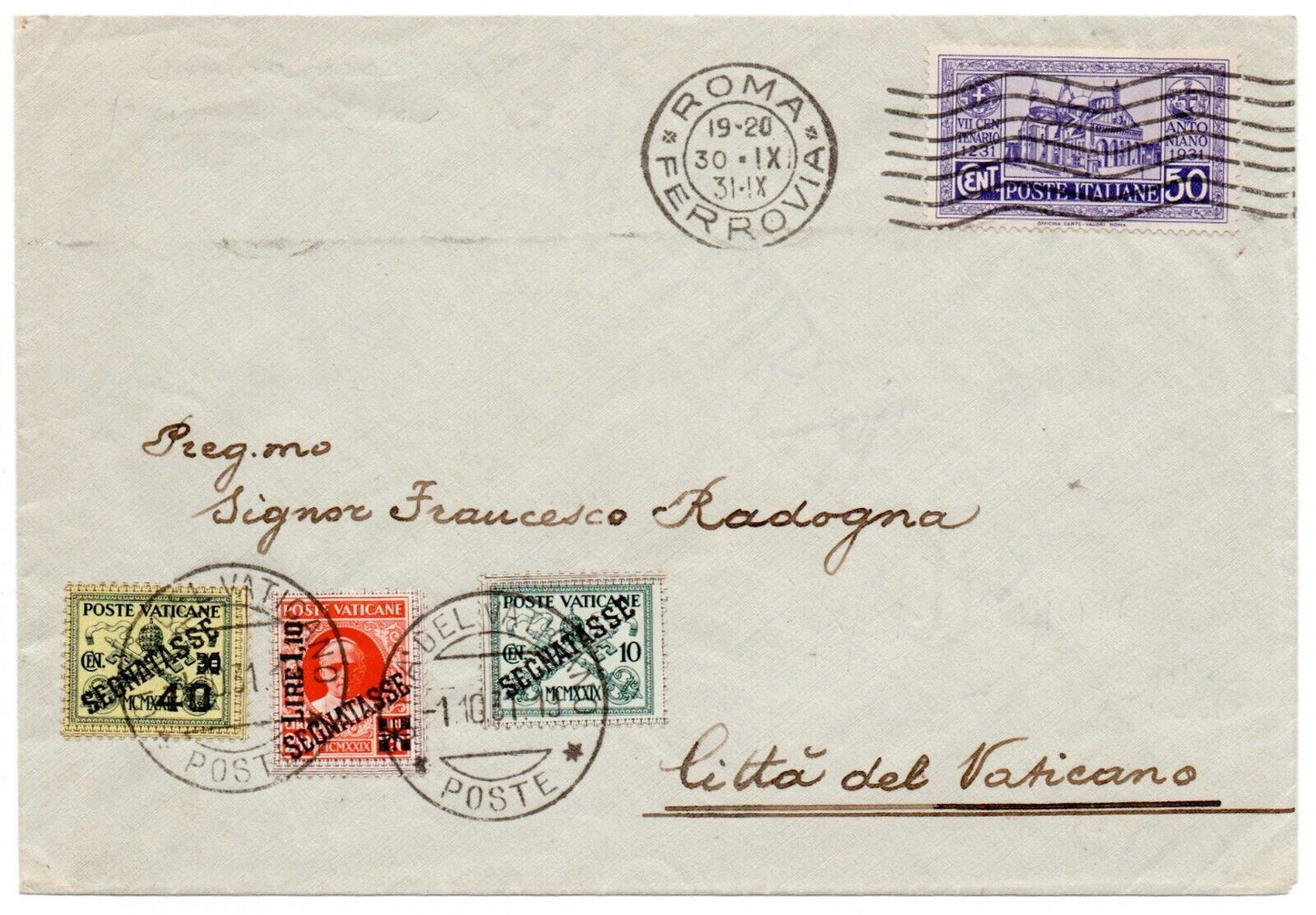 Vatican - Enveloppe avec timbre fiscal FDC 1.10.1931 avec 50 c. Bureau de poste italien AS 1931