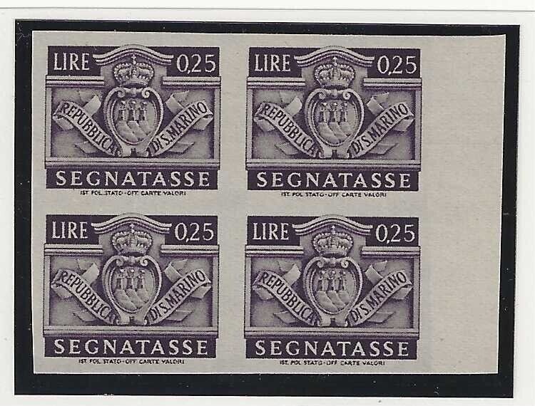 1945 San Marino - Quartina 25 cent. Segnatasse non dentellati MNH**