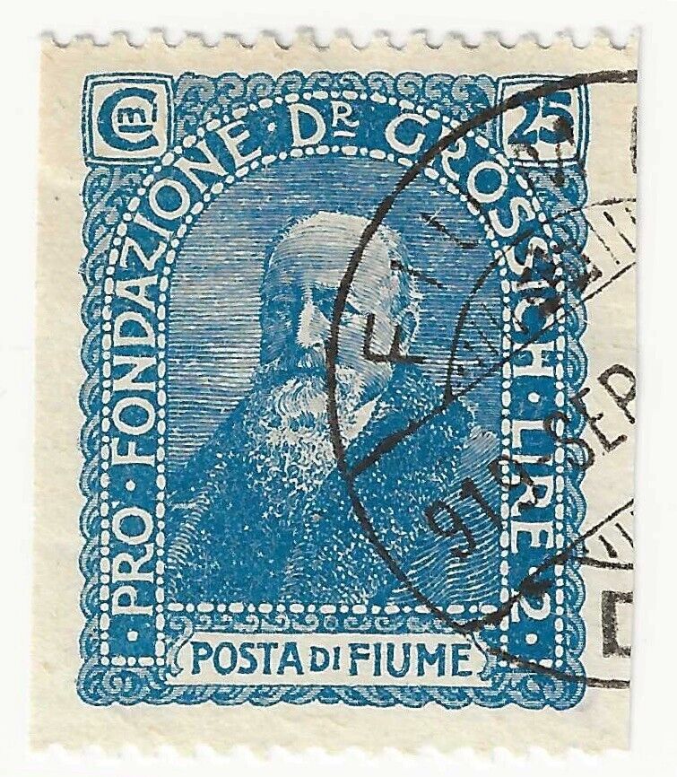 1919 Fiume - 25 c. + 2 C. azzurro Dr. Grossich non dentellato verticale usato