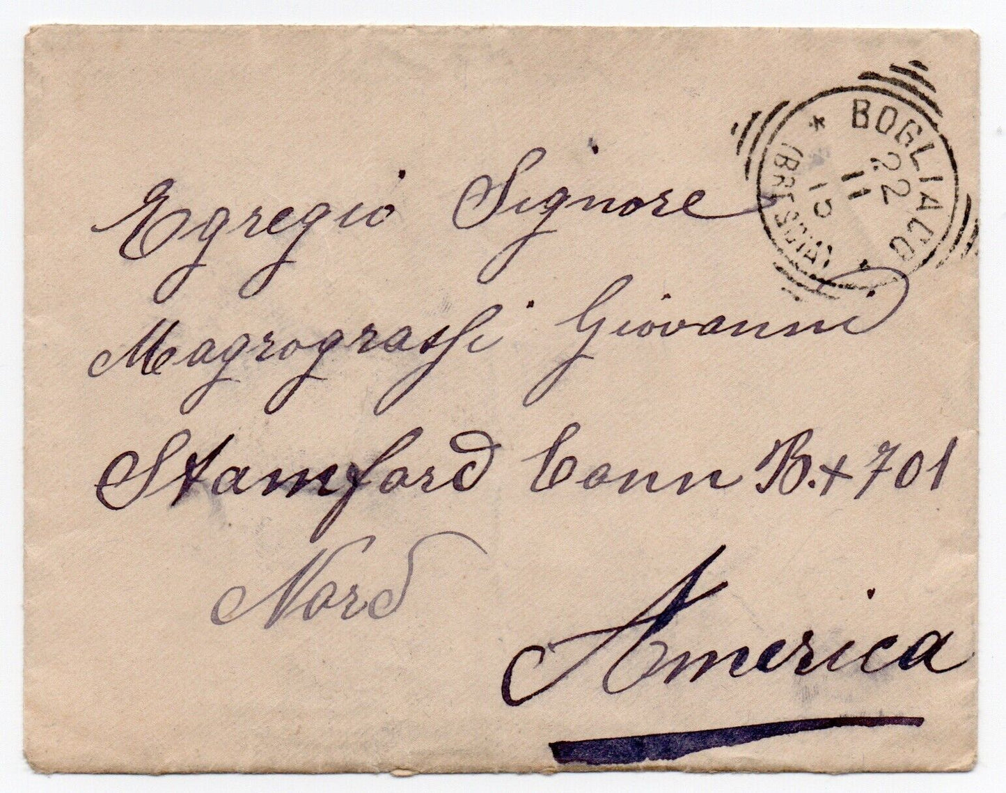 Kingdom of Italy - 25 c. light blue Vittorio Emanuele 1908 on letter to America