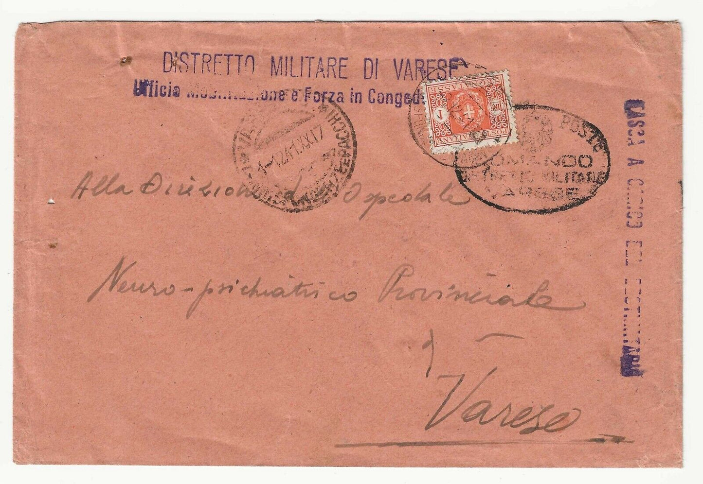 Royaume - Port dû 1 L. orange 1934 isolé sur enveloppe pour Varèse