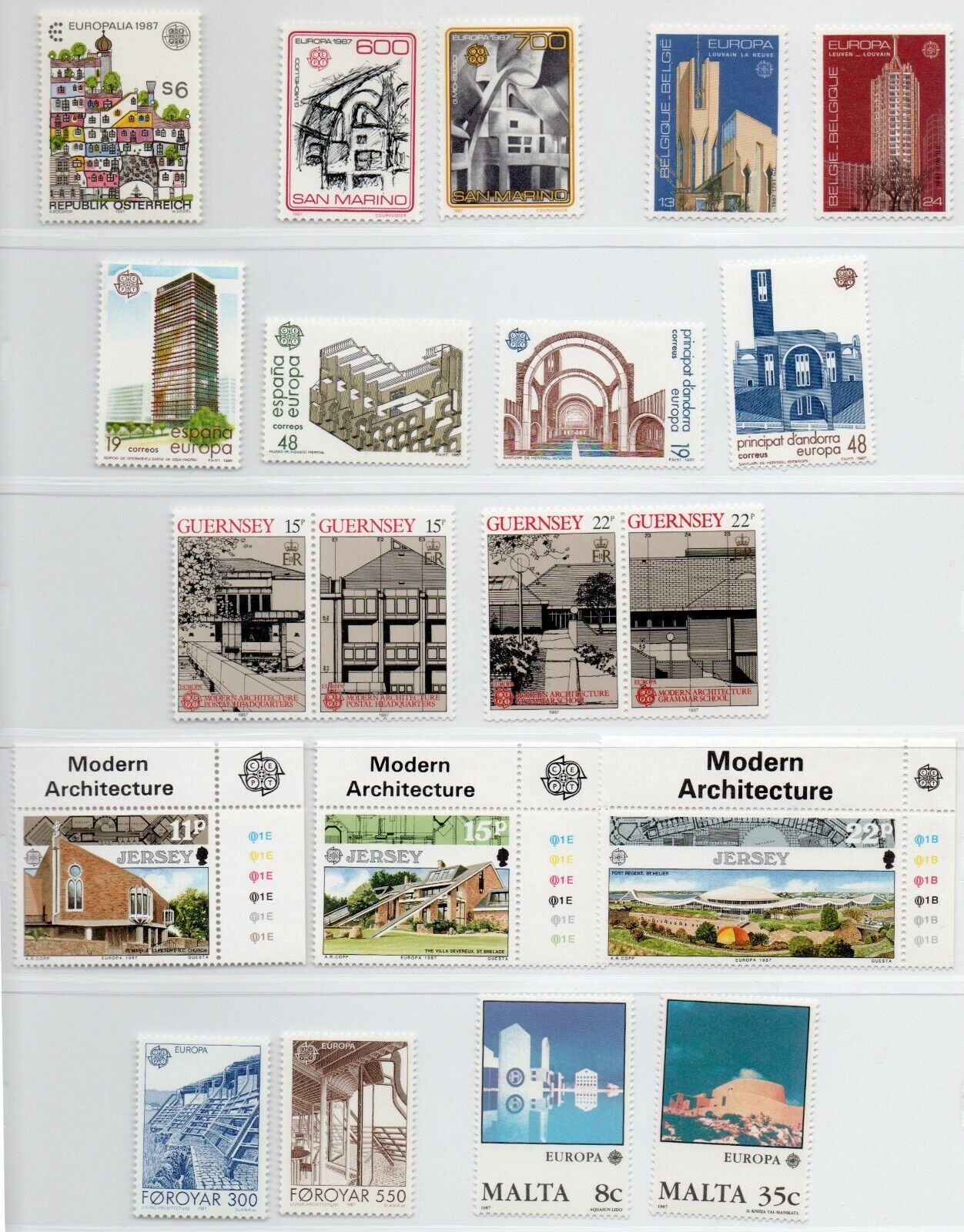 1989 - Europa CEPT - Architettura moderna, anno completo 35 paesi, 78 val. MNH**