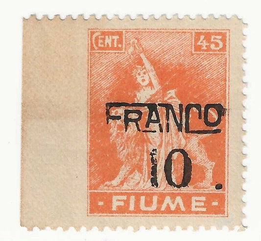 1919/20 Fiume - 10 su 45 c. arancio serie Allegorie non dentellato a sinistra MH