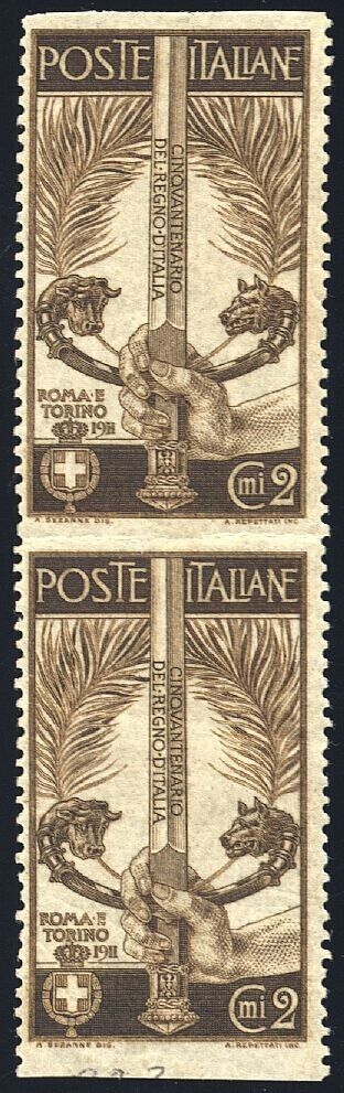 1911 Regno d'Italia - Coppia 2 c. Unità d'Italia non dentellata orizzontale MNH