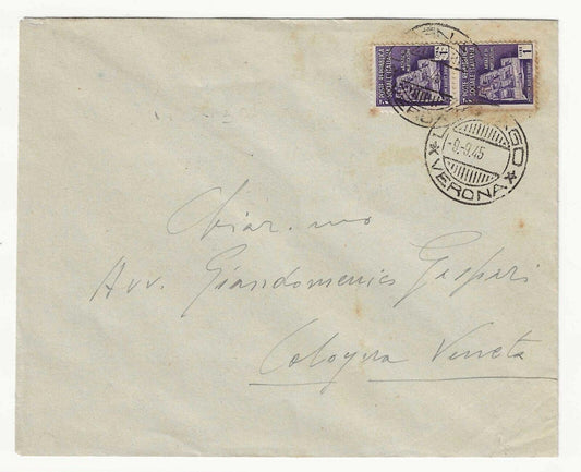 Usage tardif de la République Sociale (RSI) - Paire de 1 L. violette 1944 sur enveloppe