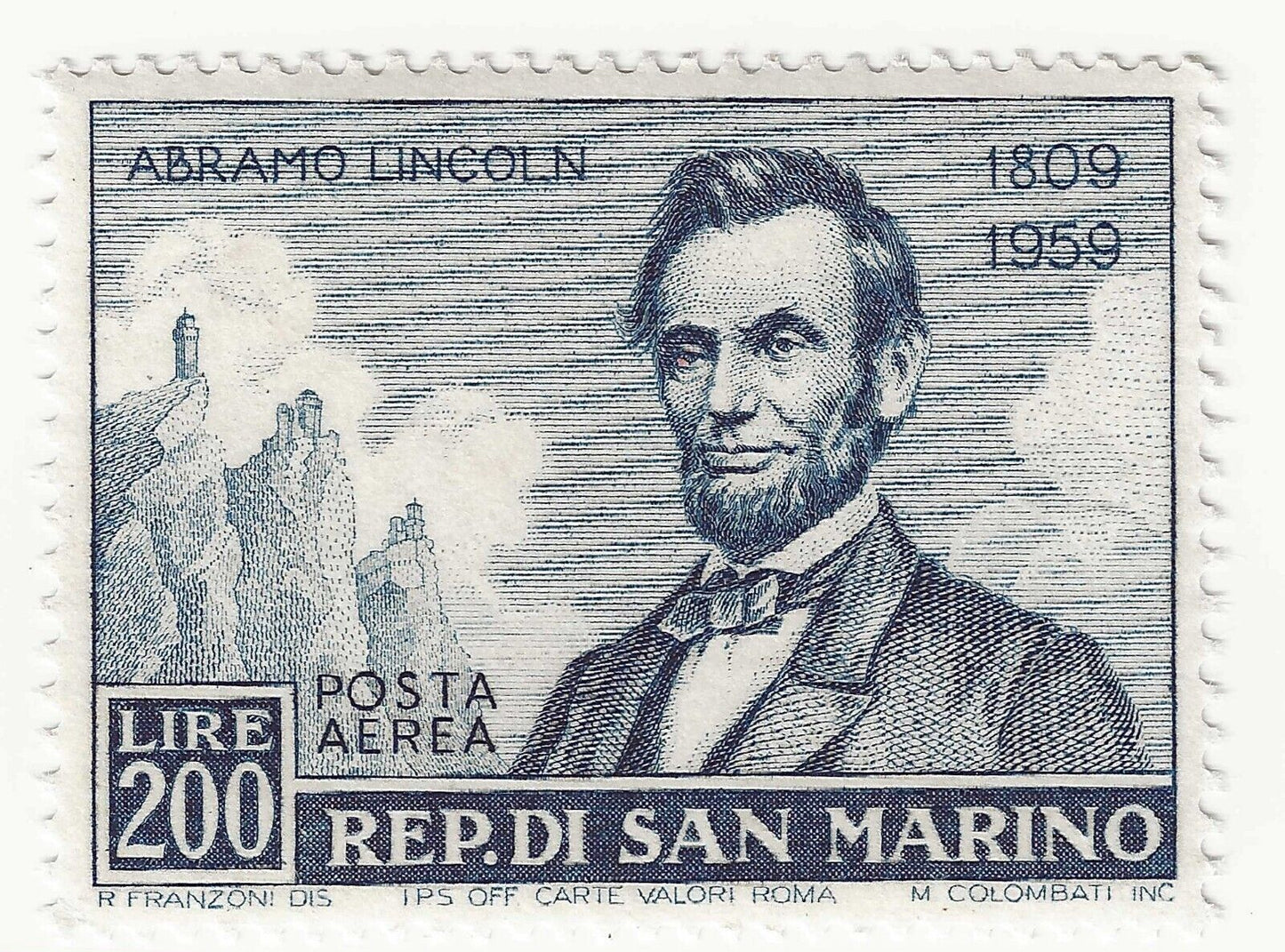 1959 - Saint-Marin - 200 L. Airmail Anniversaire de naissance de Lincoln MNH**