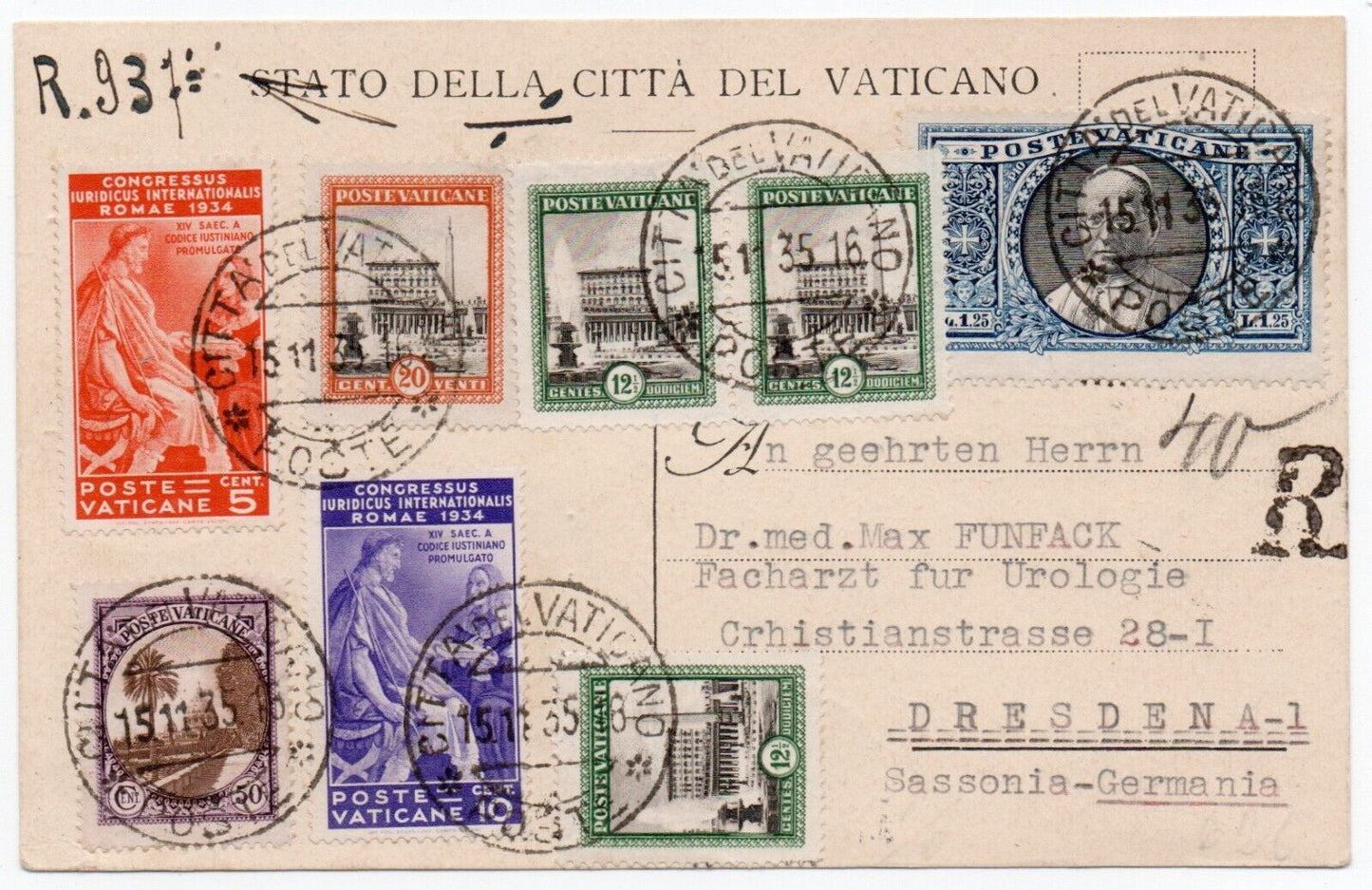 Vaticano - Cartolina raccomandata per Dresda serie "Giardini" annullo 15.11.1935