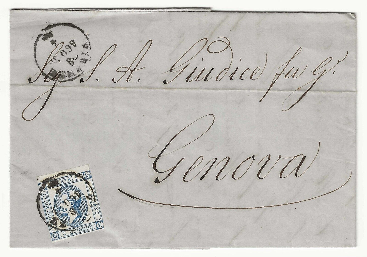 Regno - 15 cent. 1863 azzurro ardesia (II tipo Sassone 13b) su piego per Genova