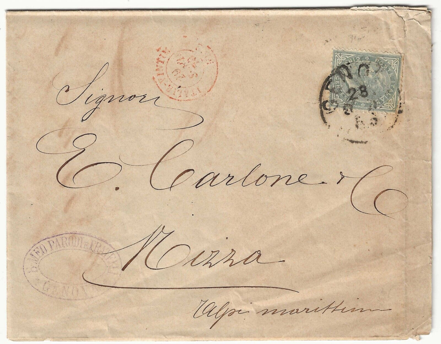 Regno - 5 c. verde tiratura di Torino 1865 su piego di lettera per Nizza