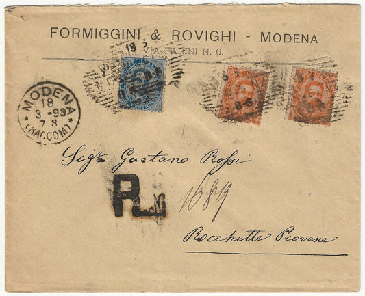 Kingdom - 25 c. light blue with pair 20 c. Umberto 1879 on envelope for Rocchette P.