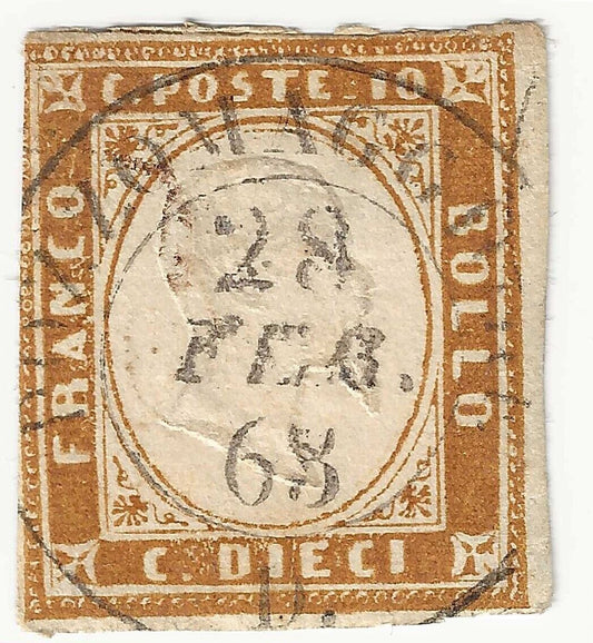 1862 Antichi Stati (Sardegna) - 10 c. arancio rossastro annullo Pozzomaggiore D.