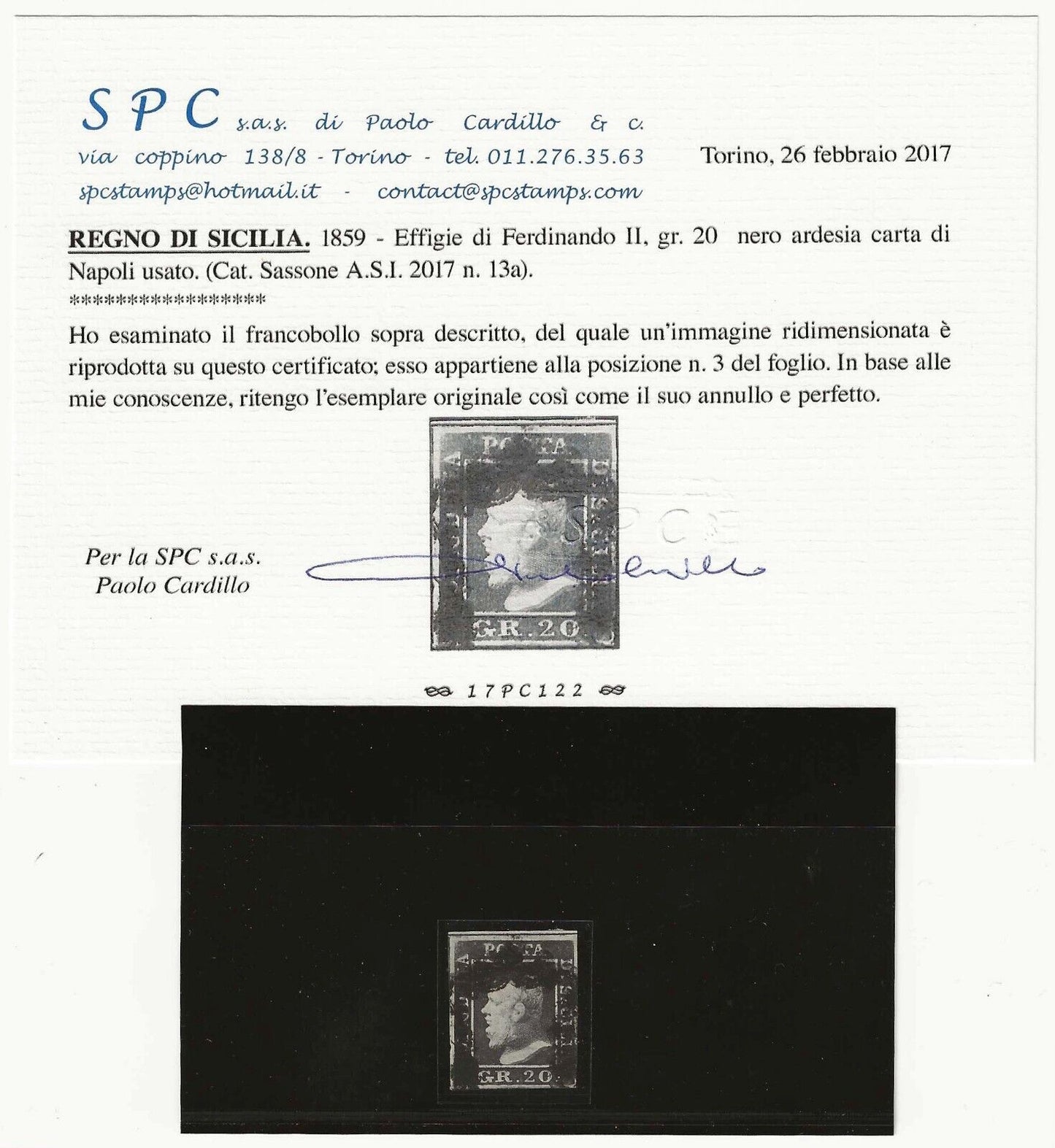 1859 Antichi Stati (Sicilia) - 20 grana nero ardesia pos. 3 buoni margini usato