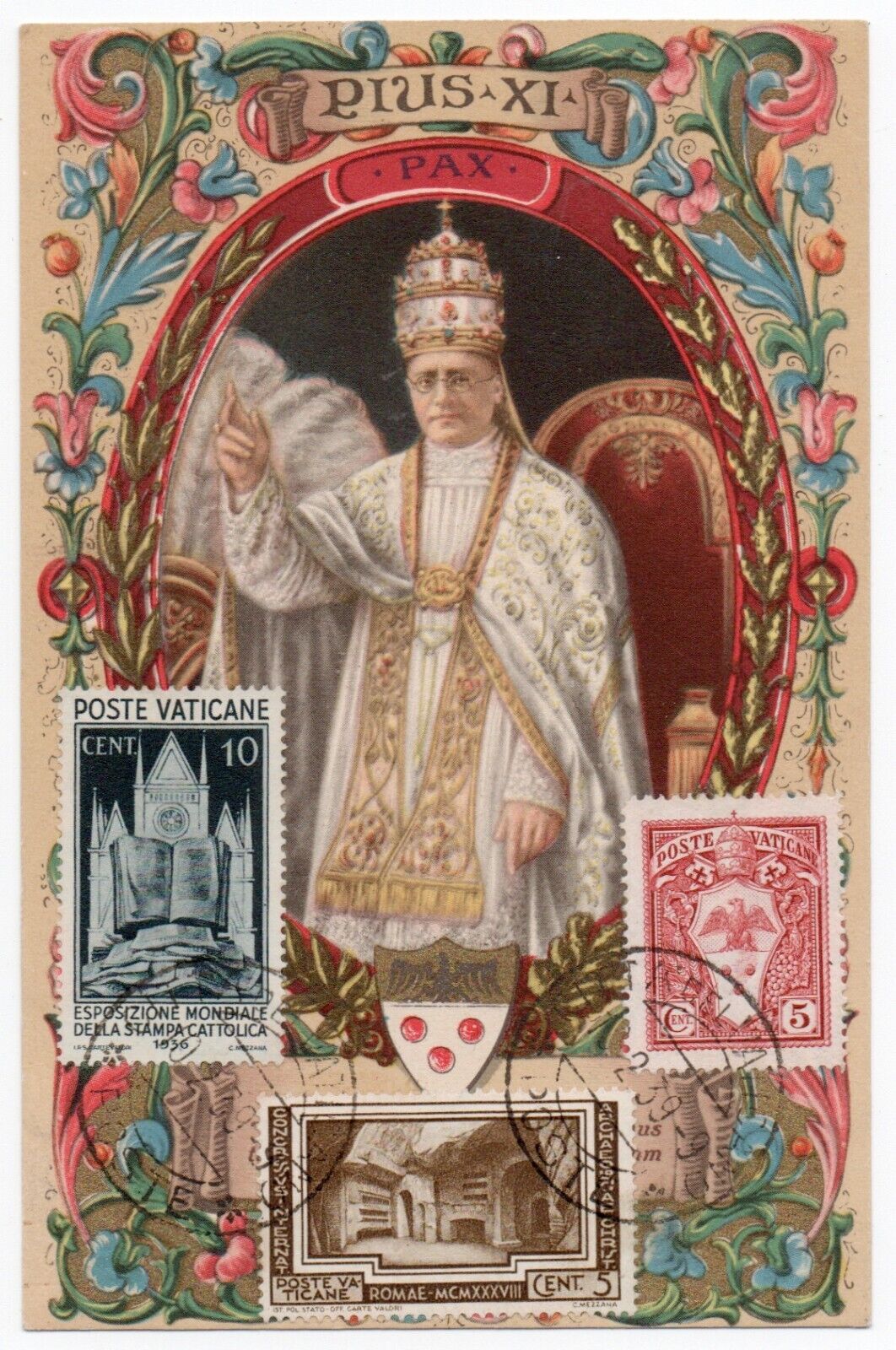 Vaticano -  Cartolina con annullo 10.02.39 morte Pio XI e valori 1933, 1936 e 38