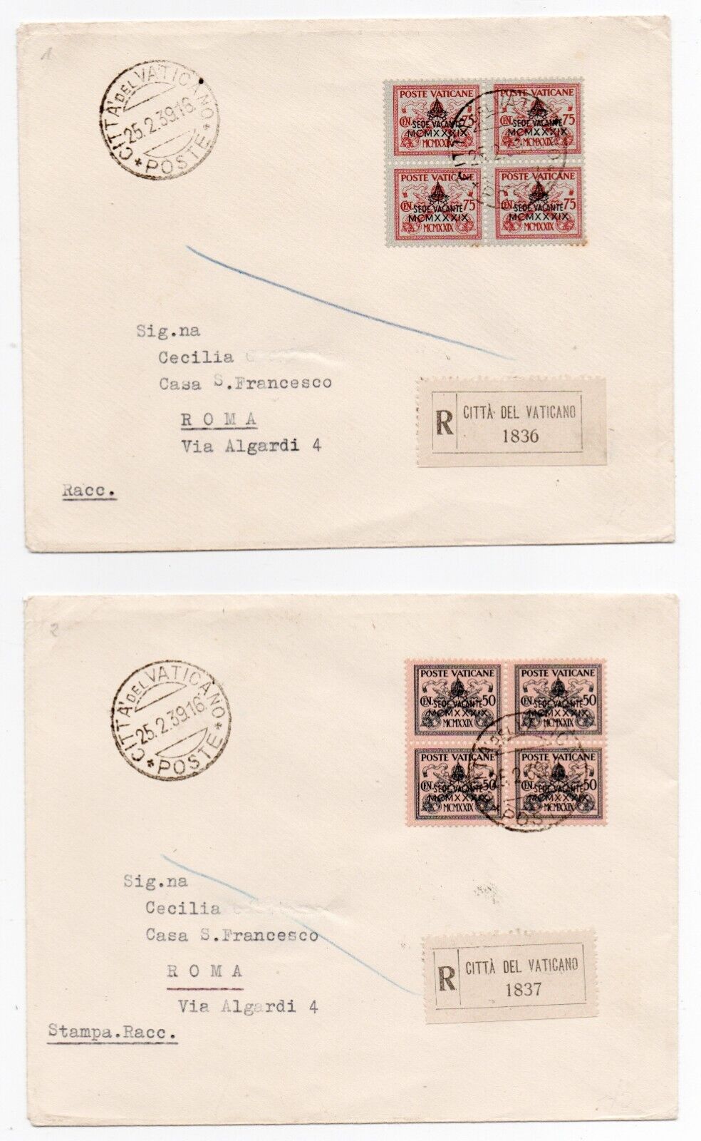 Vatican - 4 enveloppes avec quatrains Sede vacante 1939 par courrier recommandé 25.2.39