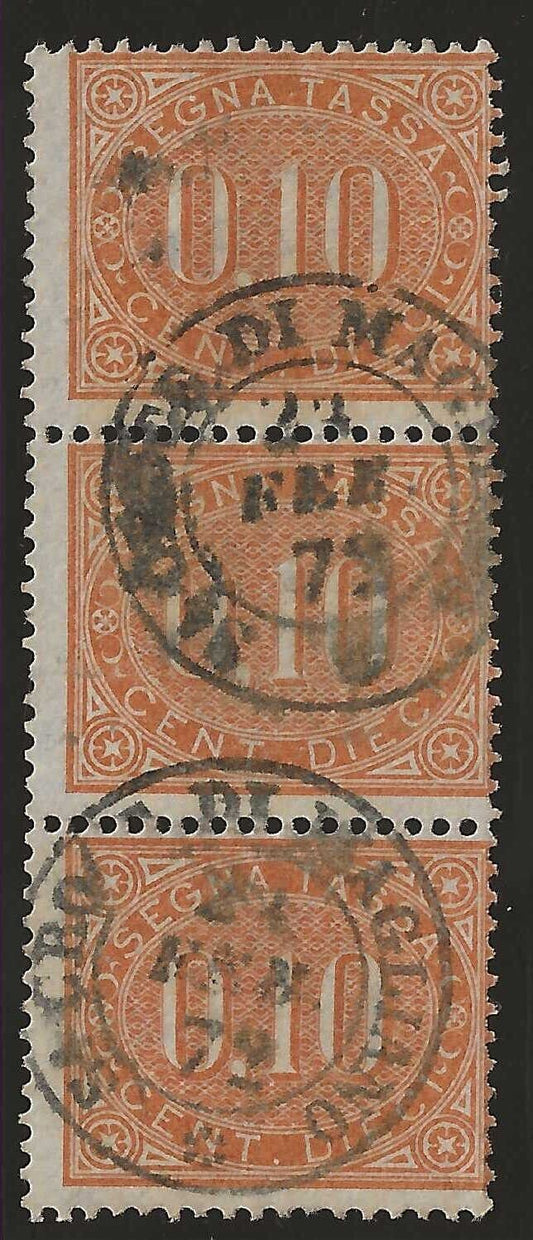 1869 Regno d'Italia - Segnatasse 10 cent. striscia verticale 3 esemplari usata