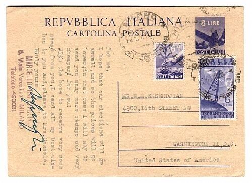 Repubblica italiana - Cartolina Democratica 8 L. 1947 per gli USA con PA Radio