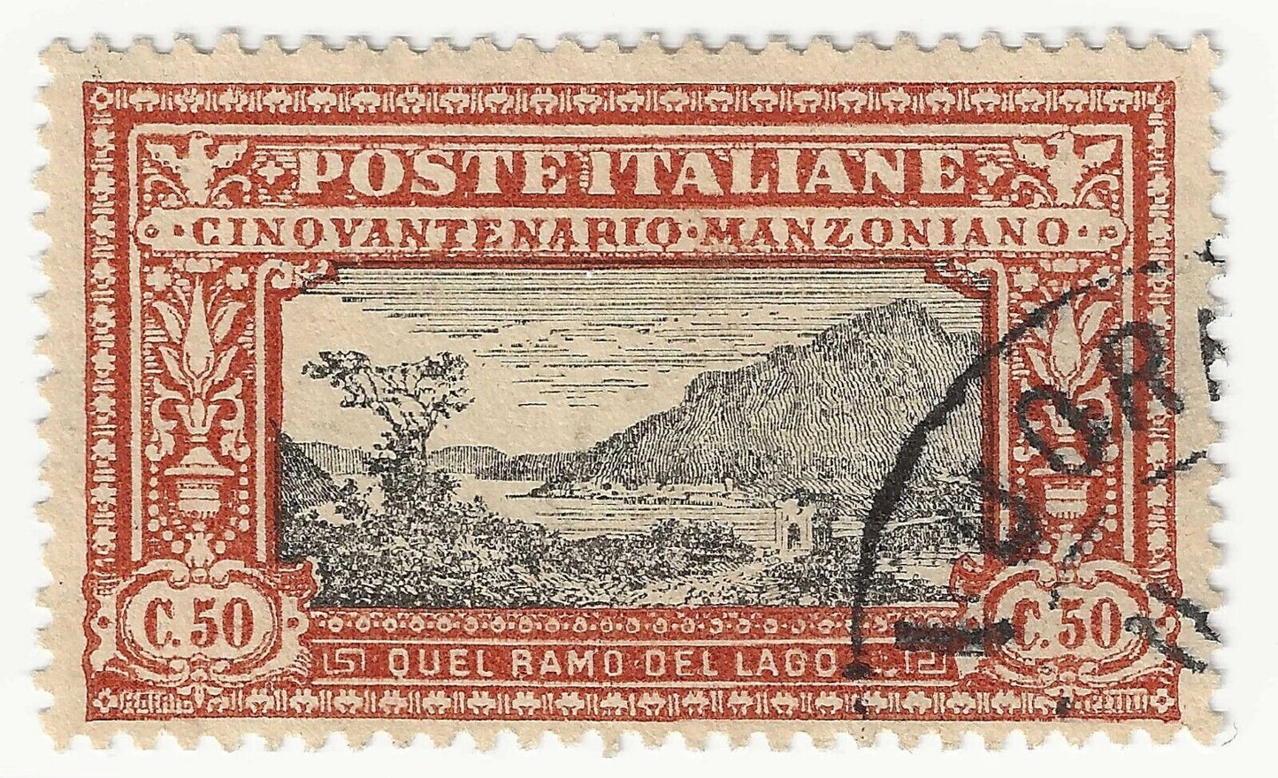 1923 Regno d'Italia - Cinquantenario morte A. Manzoni, 50 c. arancio usato