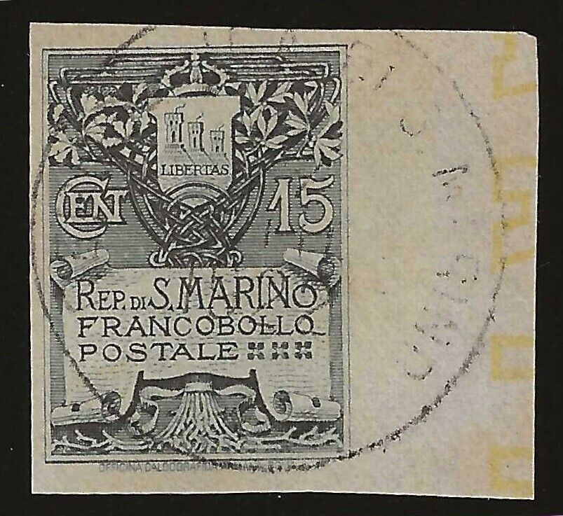 1905 San Marino - 15 c. Stemma ardesia non dentellato bordo di foglio usato