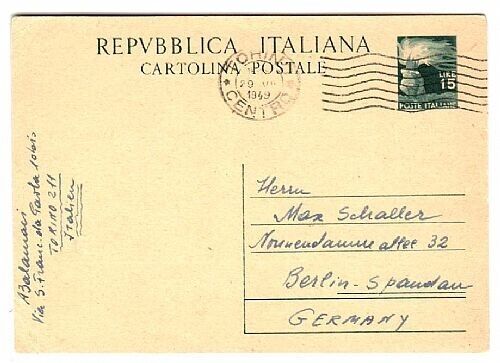 Repubblica italiana - Cartolina Siracusana 15 L. 1949 da Torino in Germania