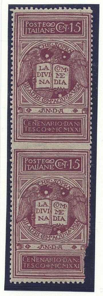 1921 Regno d'Italia - Coppia 15 c. Dante non dentellata in mezzo rara MNH**