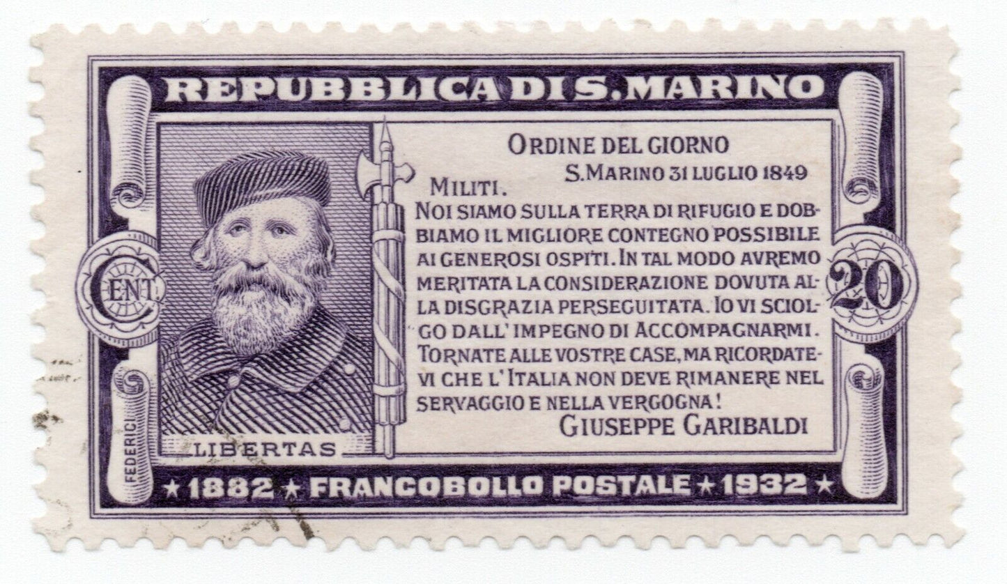 1932 - Saint-Marin - Cinquantième anniversaire de la mort de Garibaldi, XXe s. violette MH