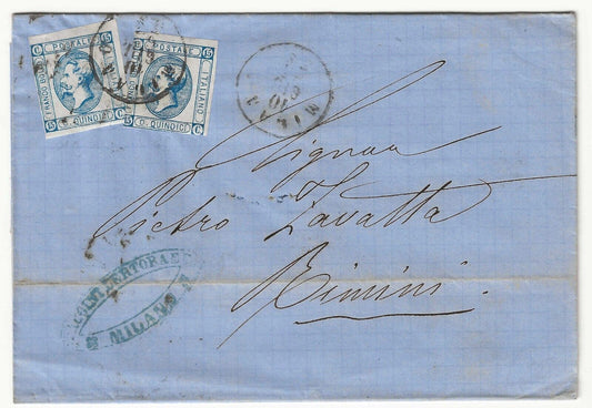 Regno - Coppia 15 cent. 1863 (I tipo) su piego per Rimini con annullo Milano