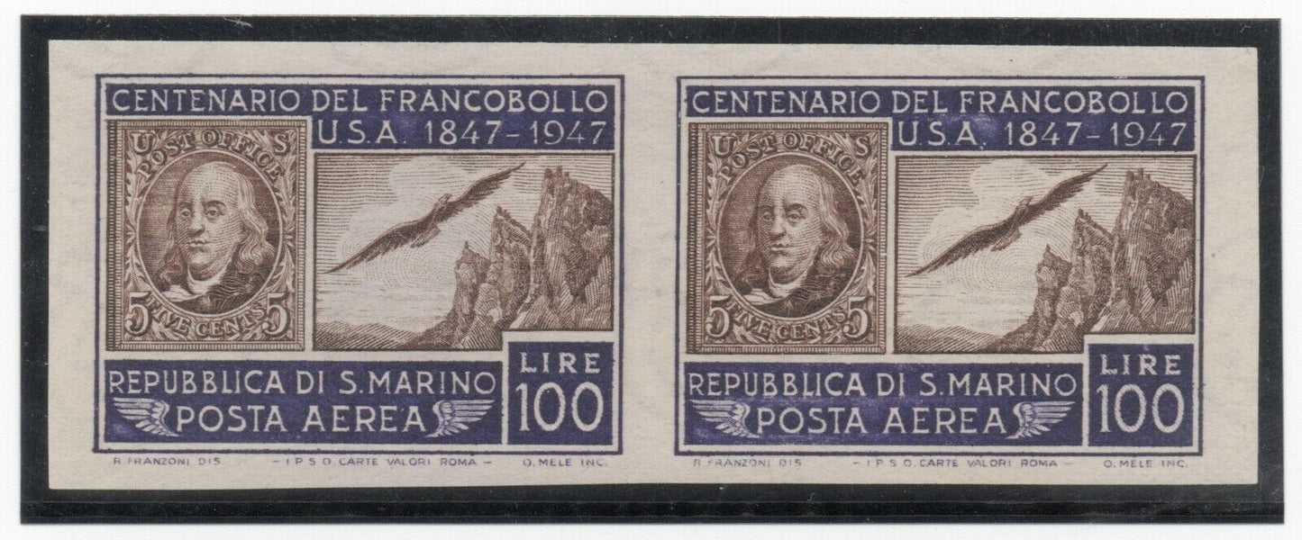 1947 - San Marino - 100°  primo francobollo USA100 lire, coppia non dent. MNH**