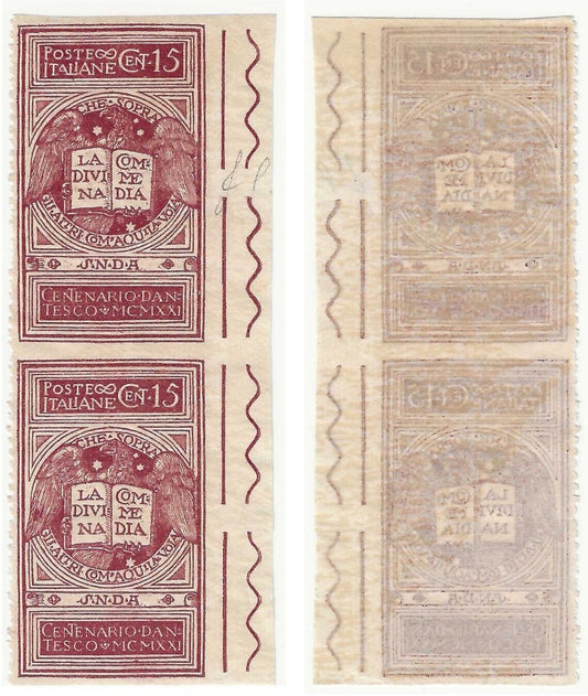 1921 Regno d'Italia - Coppia 15 c. serie Dante filigrana lettere gomma parziale