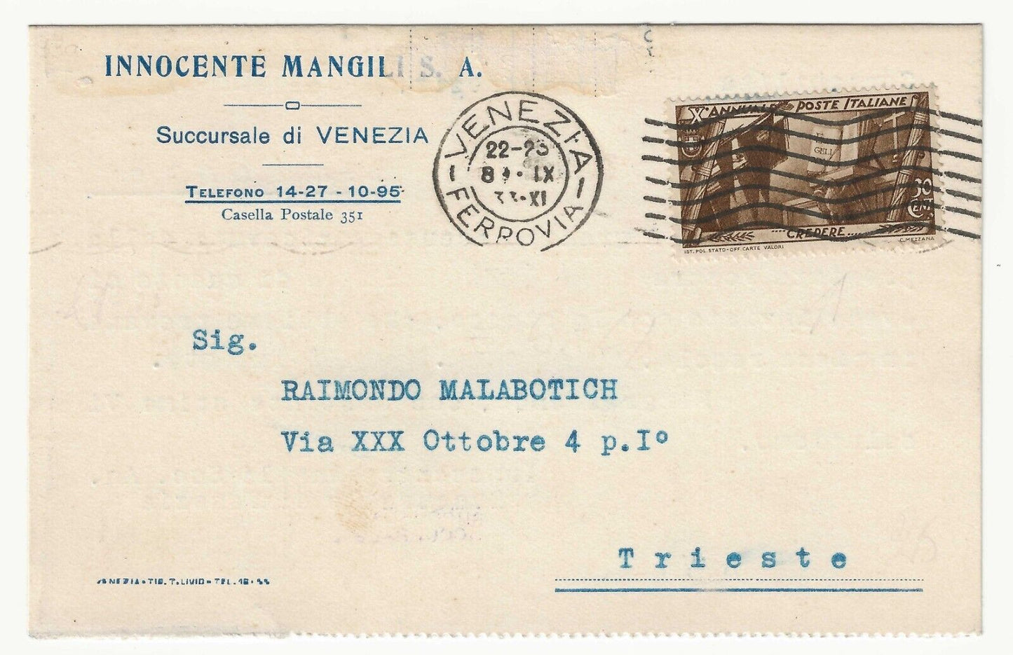 Kingdom - 30th c. bruno Tenth anniversary March on Rome isolated on postcard for Trieste