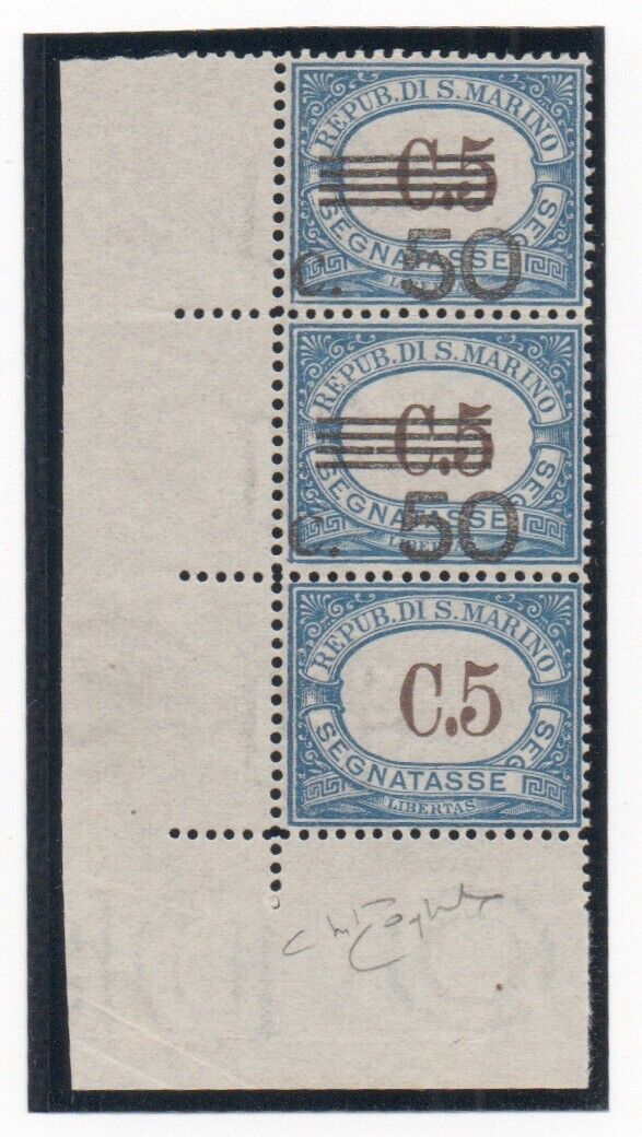 1940 - San Marino - 50 c. su 5 c. Varietà su ang. di foglio (Raybaudi) MNH**