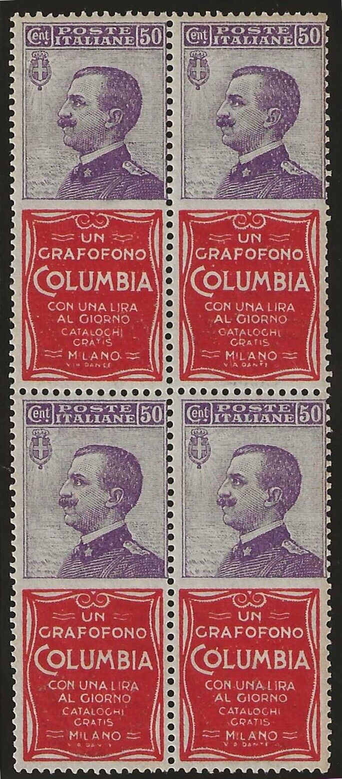 1924 Regno d'Italia - Pubblicitari blocco in quartina "Columbia" 50 cent. MNH**