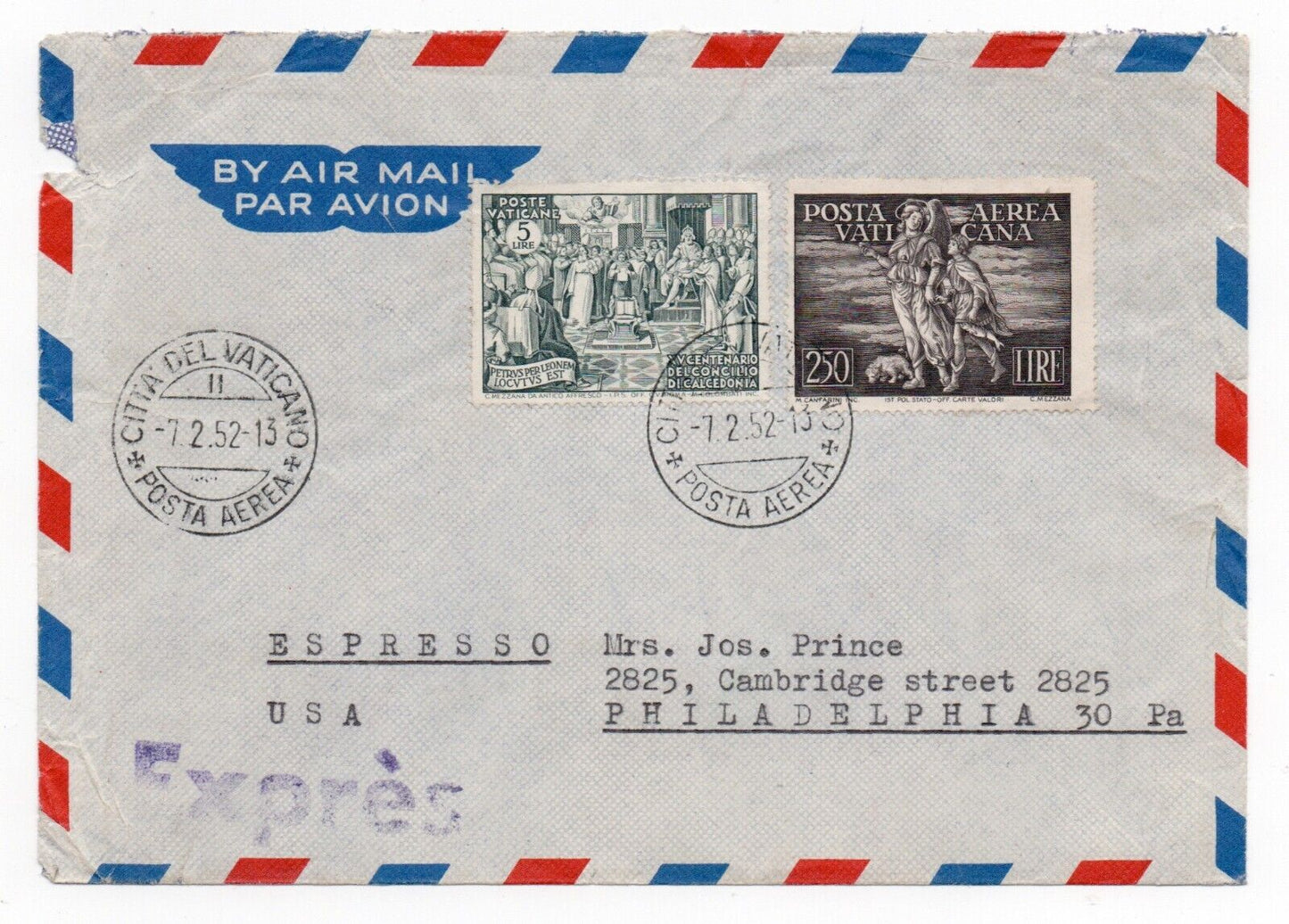 Vatican - 5 L. Chalcedon with 250 L. Archangel Airmail on envelope for the US