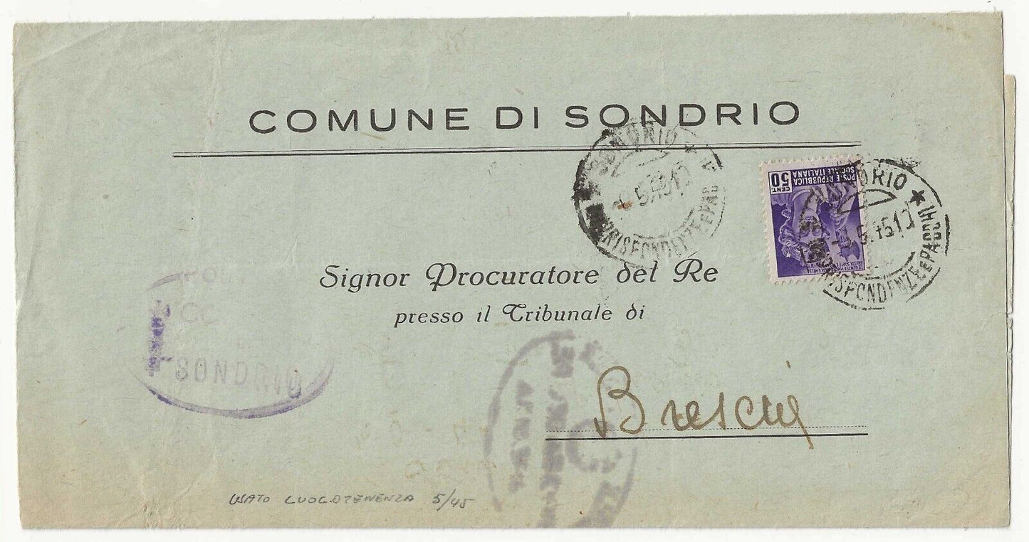 Uso tardivo Repubblica Sociale (RSI) - 50 cent. violetto Monumenti 1944 su piego