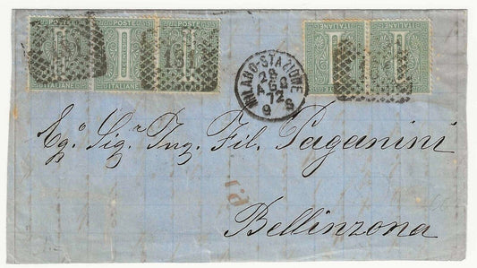 1875 Regno d'Italia - Frammento affrancato con 5 val. da 1 cent. tiratura Torino