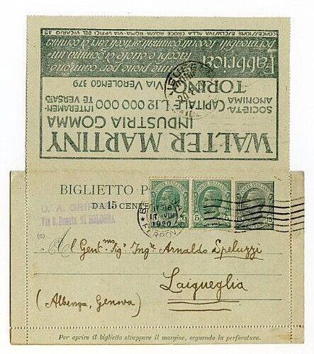 Regno d'Italia - Biglietto Pubblicitario 25 c. W. Martiny 1919 bordi uniti