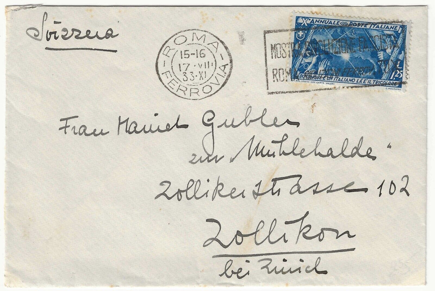 Kingdom - 1.25 L. blue Tenth Anniversary March on Rome isolated on envelope for Zurich