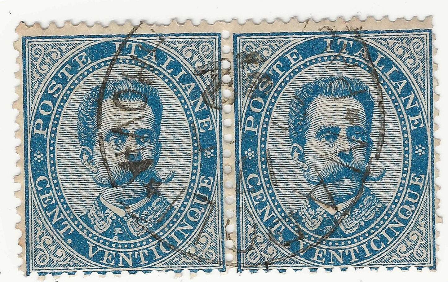 Royaume 1879 - Paire 25 c. Umberto I bleu clair utilisé avec oblitération originale